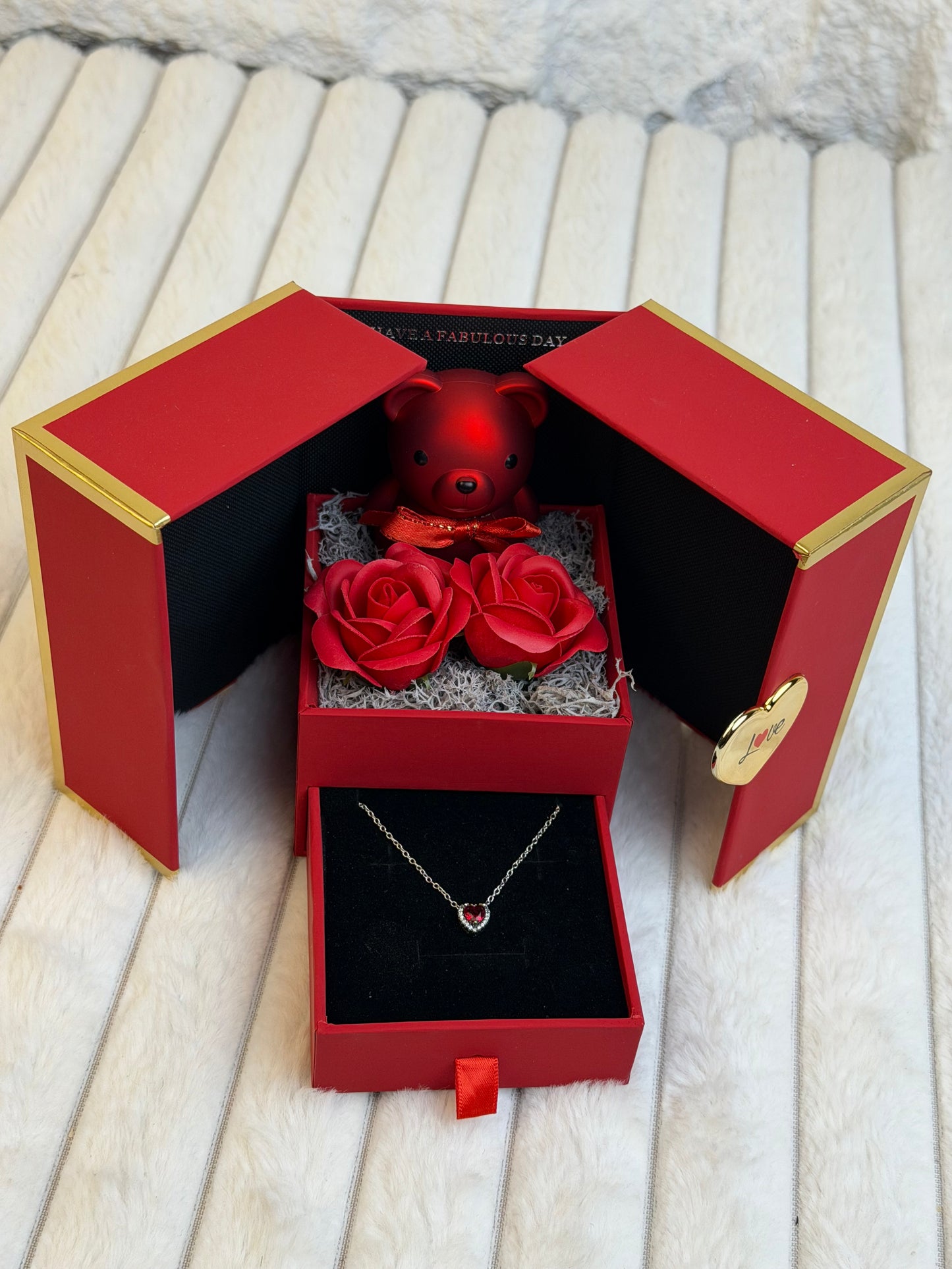 Rose Box, Teddy & Pandora Red Necklace
