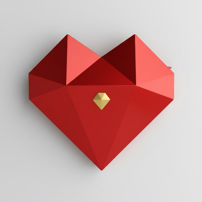 Red geometric heart-shaped object with a gold gem on a light gray background