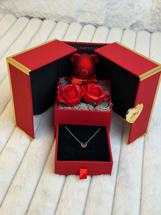 Rose Box, Teddy & Pandora Red Necklace